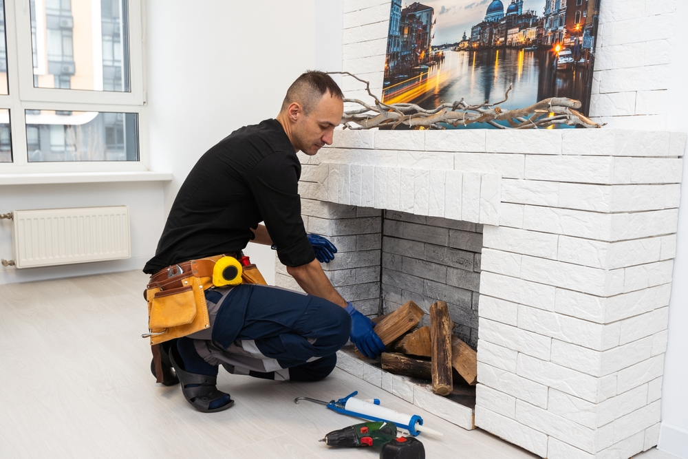 Professional technician explaining chimney sweep vs chimney cleaning services during fireplace maintenance