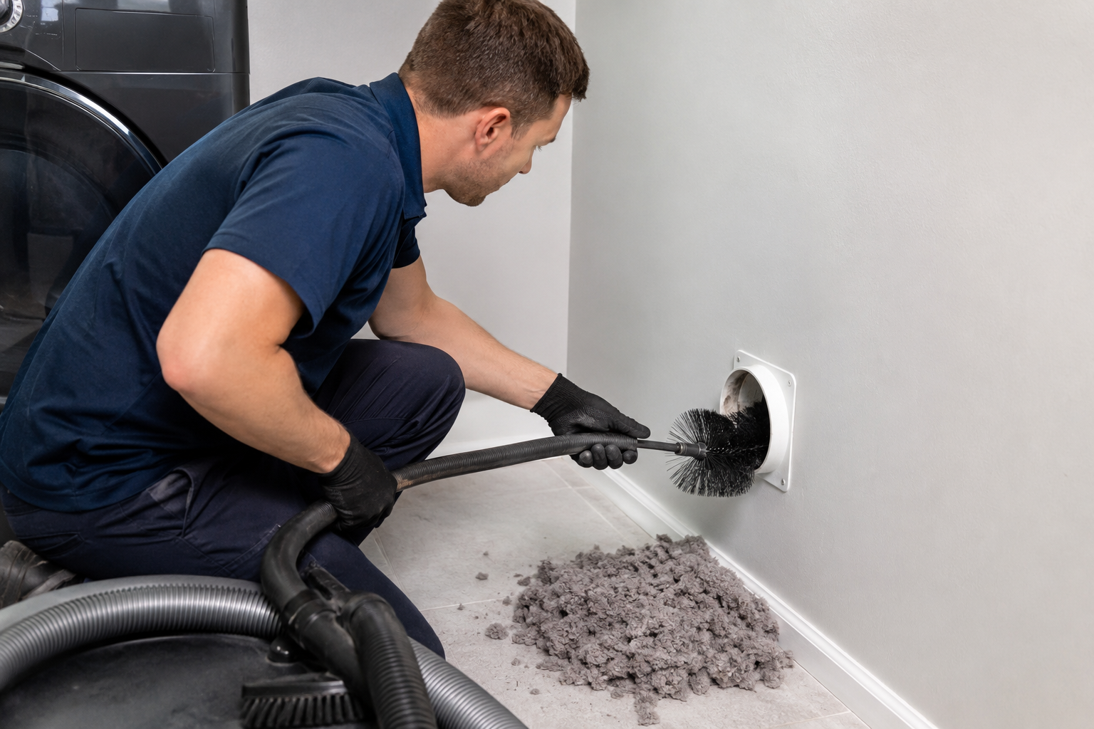 Technician performing professional dryer vent cleaning to prevent fire hazards in a home