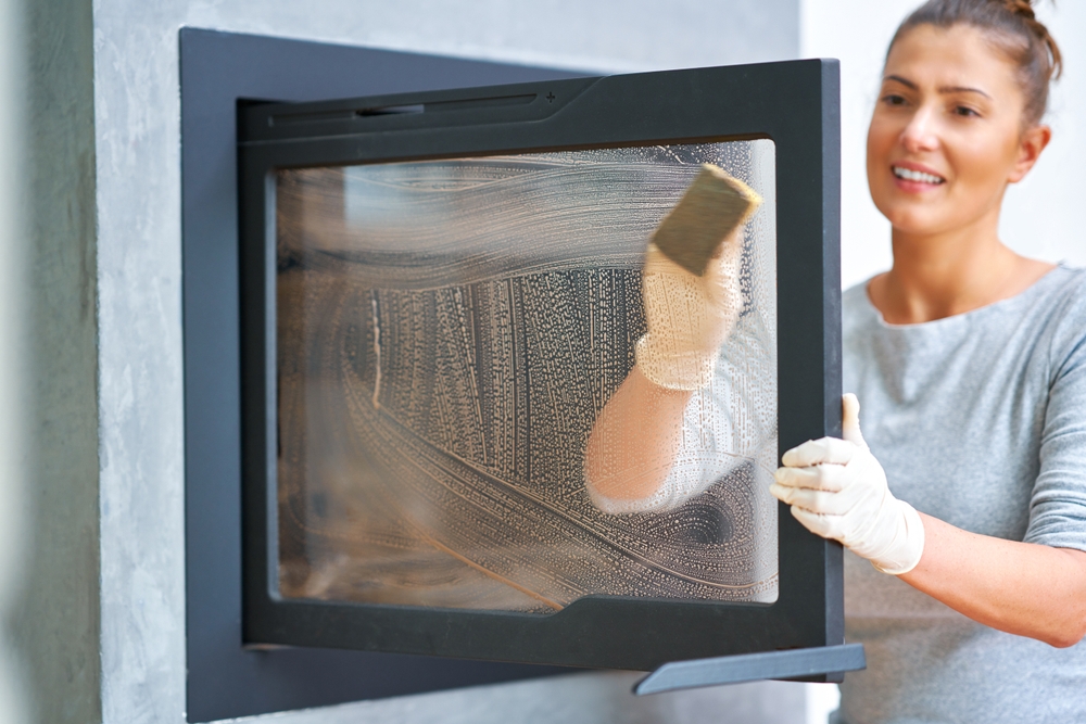 Technician performing fireplace and dryer vent cleaning as part of smart home maintenance