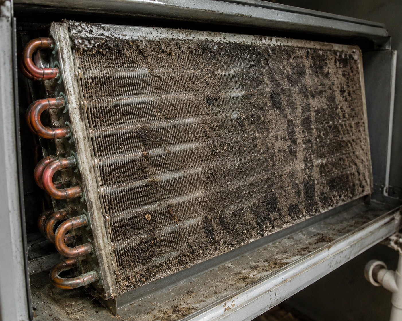 HVAC technician cleaning a dirty AC evaporator coil caused by dusty residential air ducts