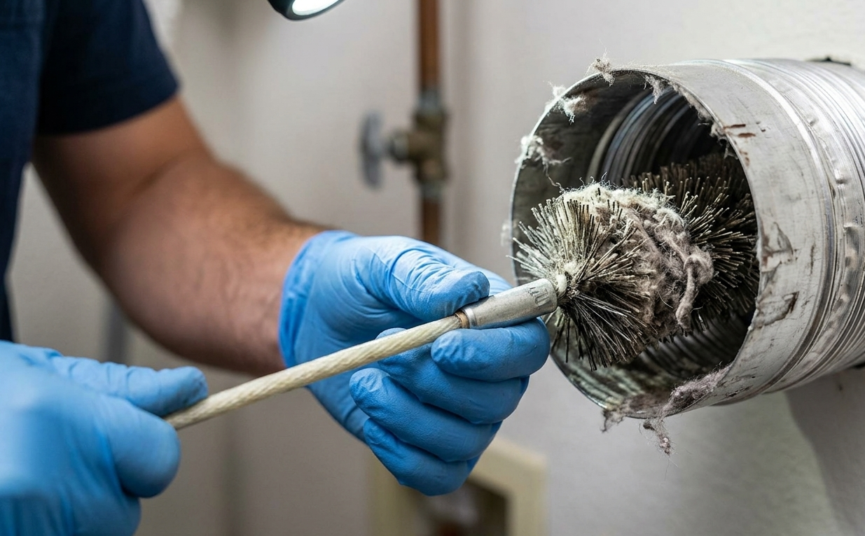 Professional inspecting a dryer vent with slow lint and moisture exhaust in a Glenview home